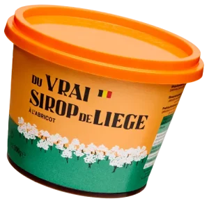Pot de Sirop de Liège À l’abricot, packshot officiel sur fond blanc