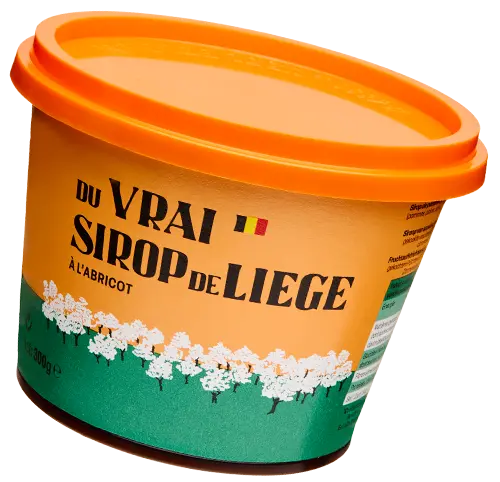 Pot de Sirop de Liège À l’abricot, packshot officiel sur fond blanc