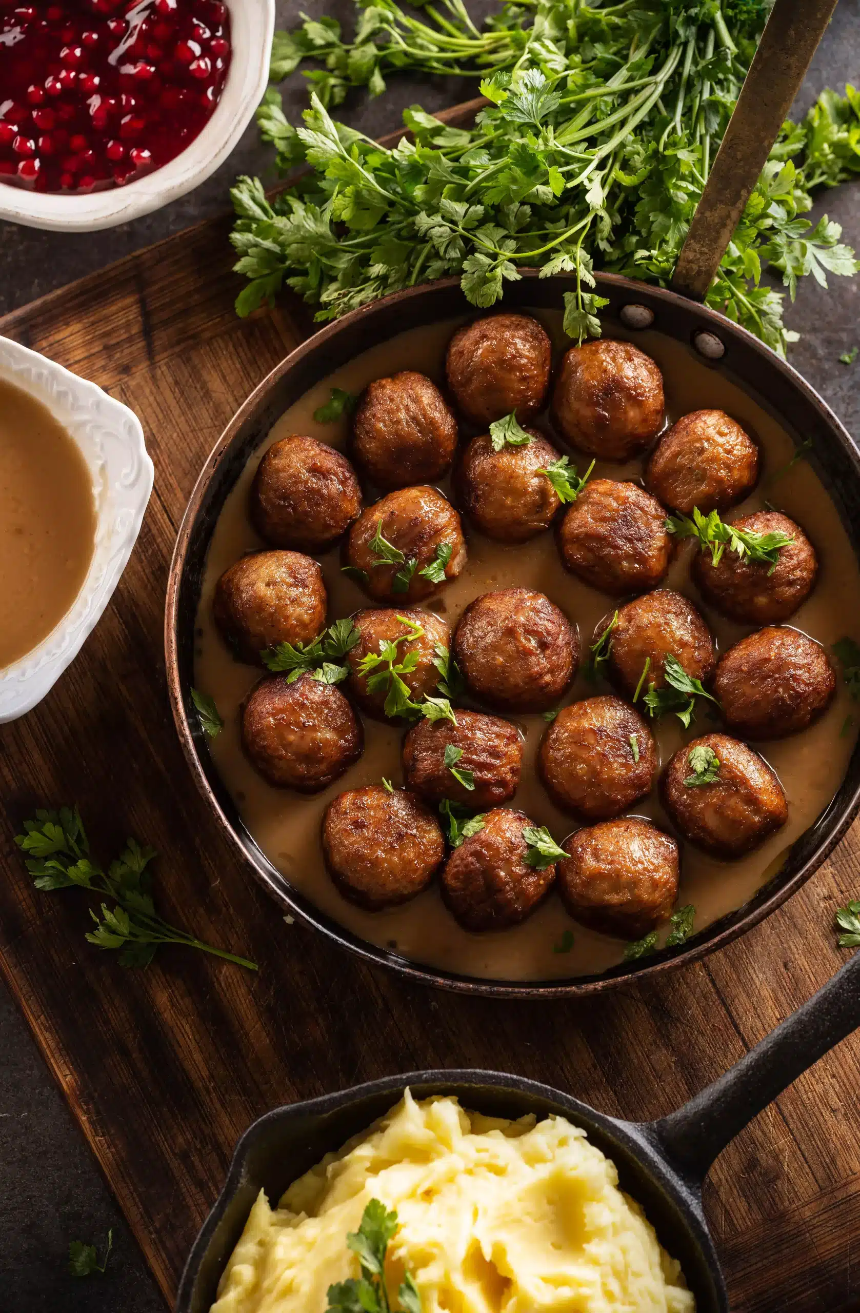 Bord met gehaktballen bedekt met glanzende bruine saus