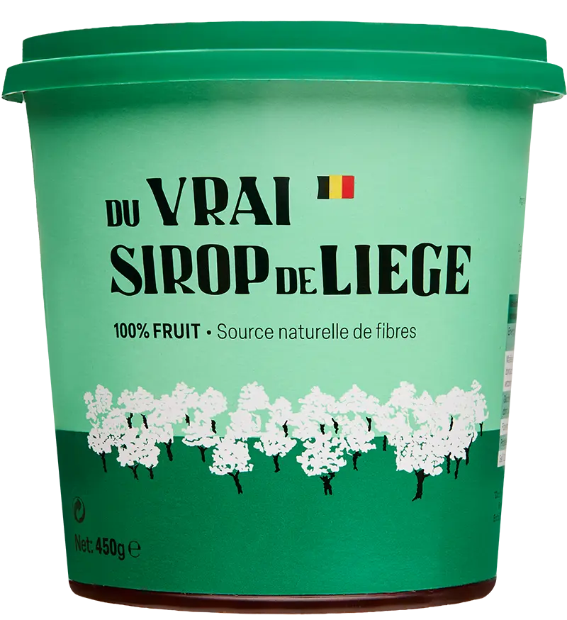 Pot met siroop van Liège 100% Fruit, officiële productfoto op witte achtergrond
